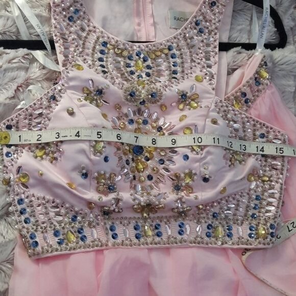 Rachel Allen 7220 Piece High Neck Racerback Beaded Crop Top Chiffon Skirt Size 2 - Picture 7 of 14